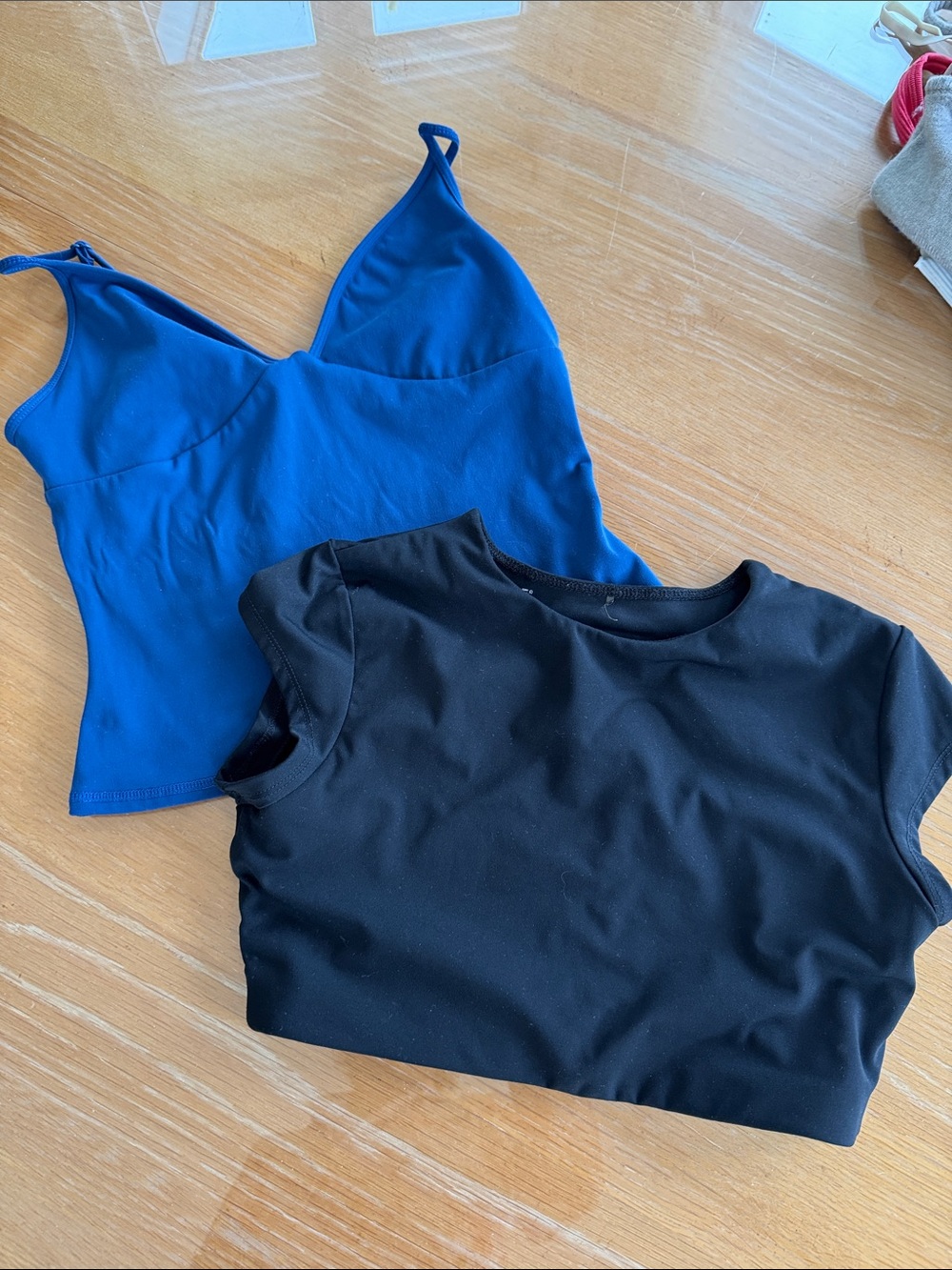 Garage Blue Plunge Cami & Black Open Back Cap Sleeve Top - Both Medium